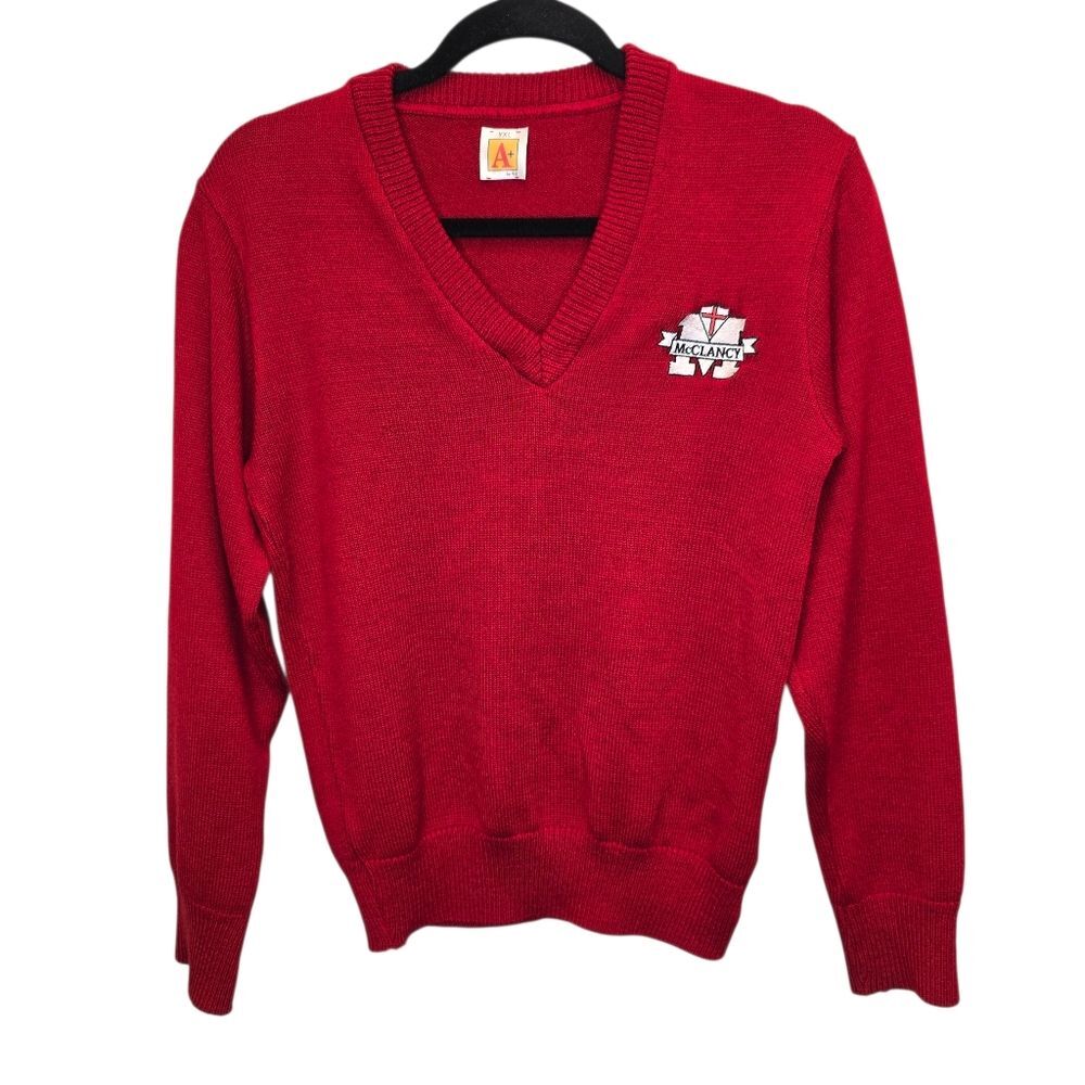 Monsignor McClancy Youth XL Red V-Neck Sweater Embroidered Logo